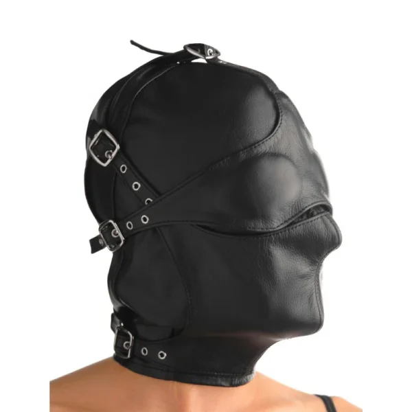 Deep Leather Hood with Removable Blindfold and Muzzle - Image 4