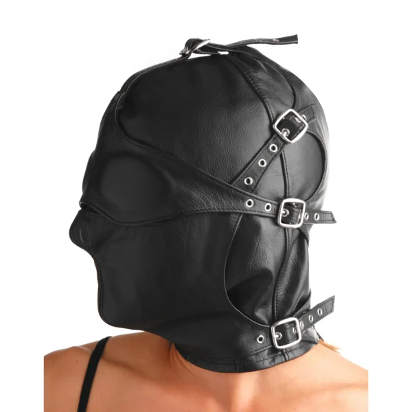Deep Leather Hood with Removable Blindfold and Muzzle - Image 3
