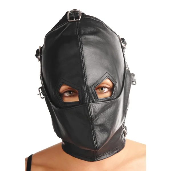 Deep Leather Hood with Removable Blindfold and Muzzle - Image 2