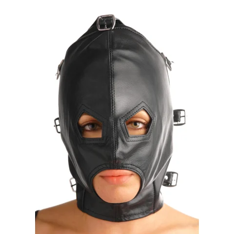 Deep Leather Hood with Removable Blindfold and Muzzle